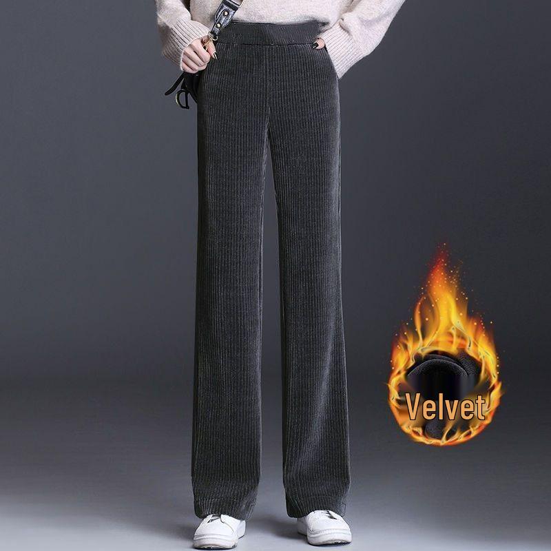 Women's Corduroy Wide-Leg Casual Pants - Autumn/Winter, Thickened, Plus Size, Straight, Loose Fit