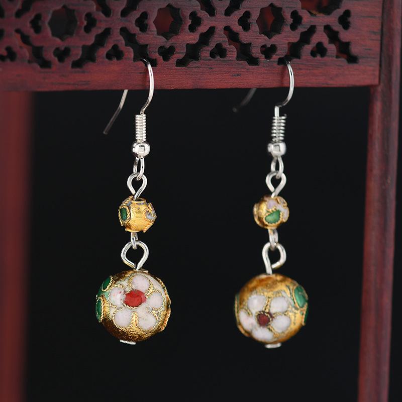 Chinese Cloisonne Retro Round Bead Earrings Handmade Silk Enamel Earrings Simple Antique Cheongsam Earrings Female 12mm