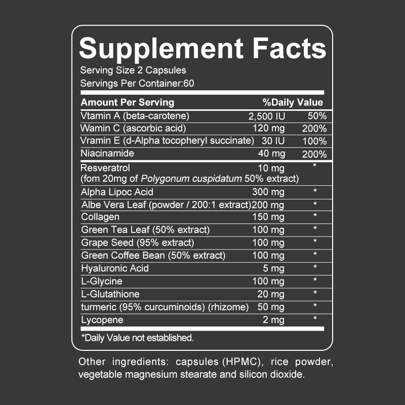 Vitamin A, Vitamin C, Vitamin E, Niacinamid, Hyaluronsäure, Nahrungsergänzungsmittel, 120 Kapseln