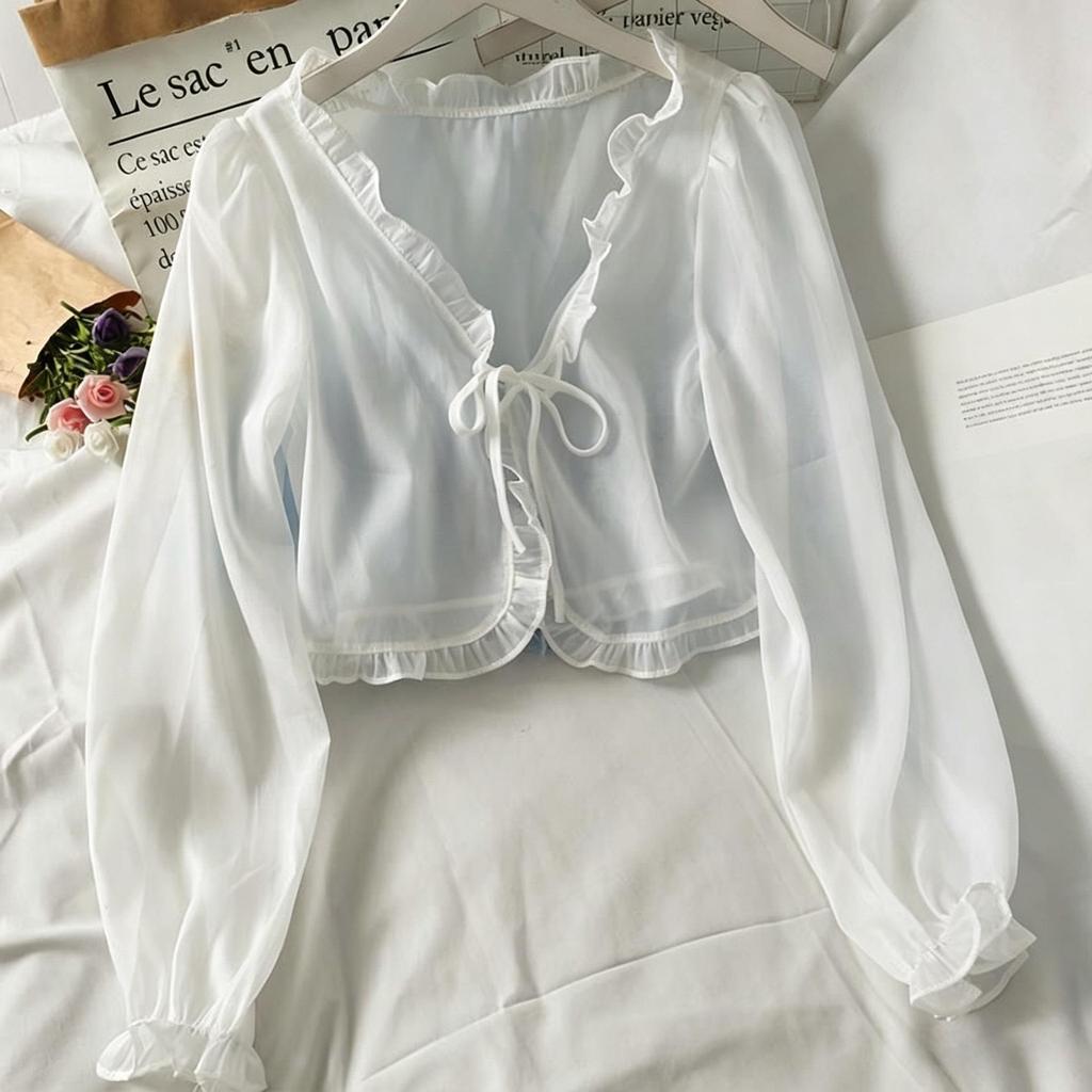 Sciarpa in Pizzo con Fiocco e Volant Estiva 2026 da Donna – Camicia Larga a Maniche Lunghe Protezione Solare