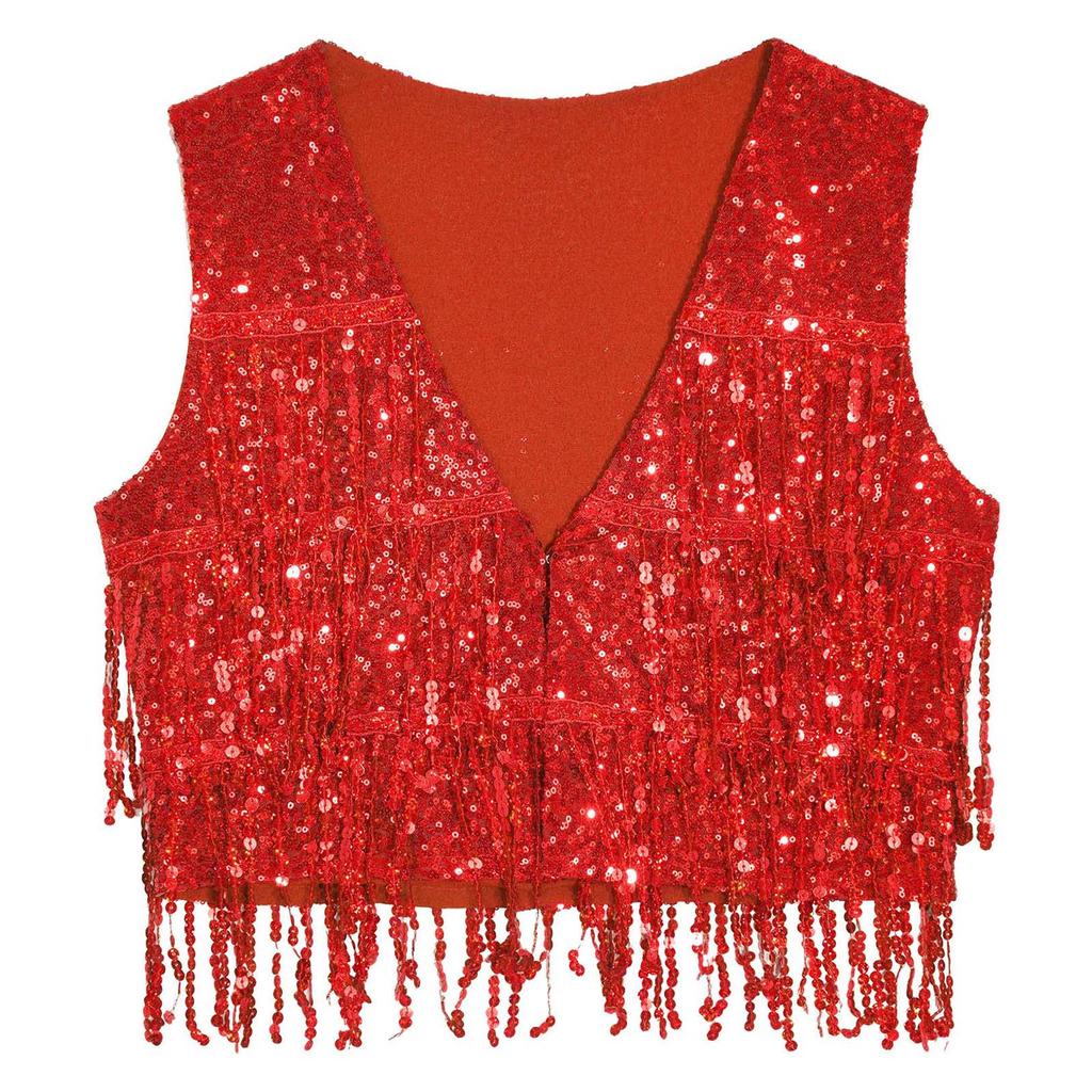 Mens Glitter Sequin Vest Sleeveless Tassel Waistcoat V Neck Open Front Dance Club Festival Partywear