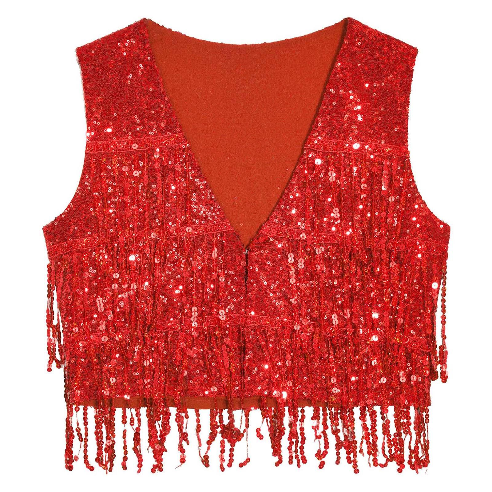 

Чоловічий блискучий жилет з паєтками, без рукавів, з бахромою, V-подібним вирізом, відкритий спереду, для танців, клубу, фестивалю, вечірки червоний