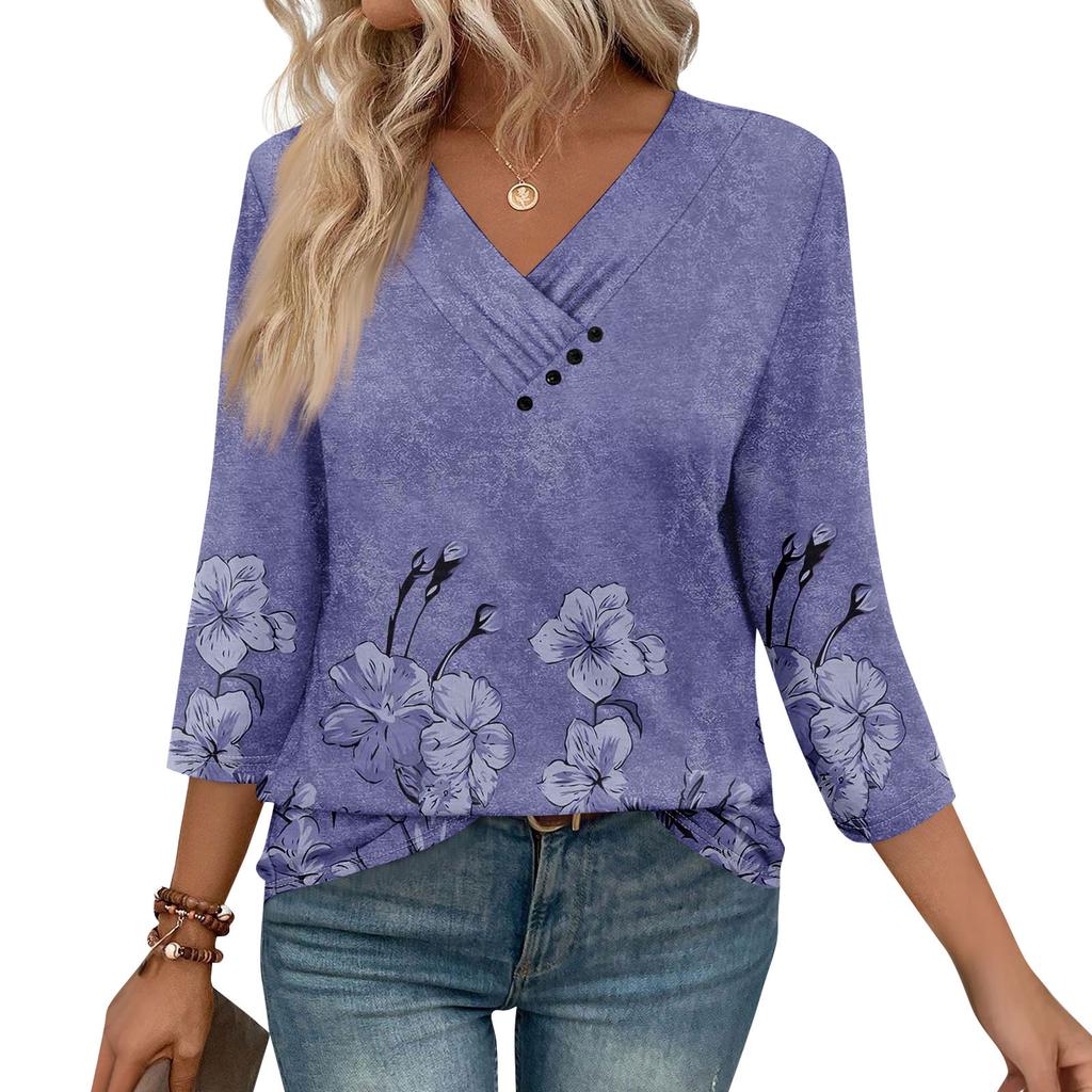 Womens 3/4 Sleeve Daily Weekend V Neck Casual Printed Tshirts Loose Fit Pleated Tees Button Down Shirts