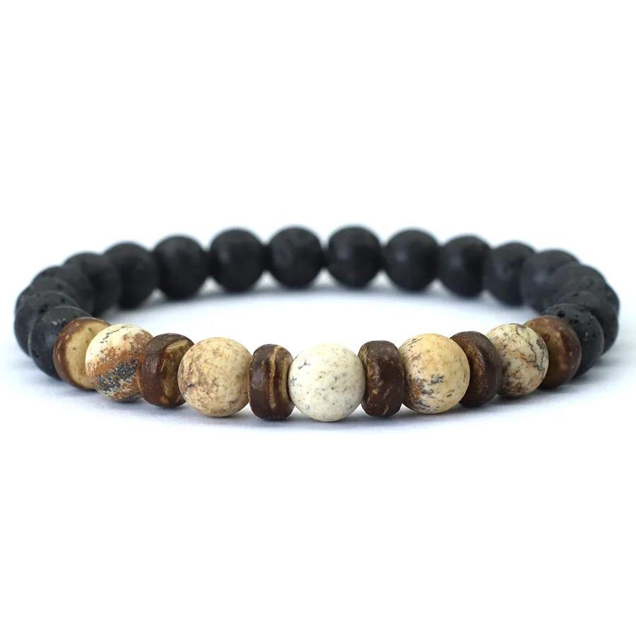 New Natural Wooden Bracelet For Men Meditation Braslet Volcanic Rock Braclet Gemstone Stretch Beaded Brazalete Pulsera