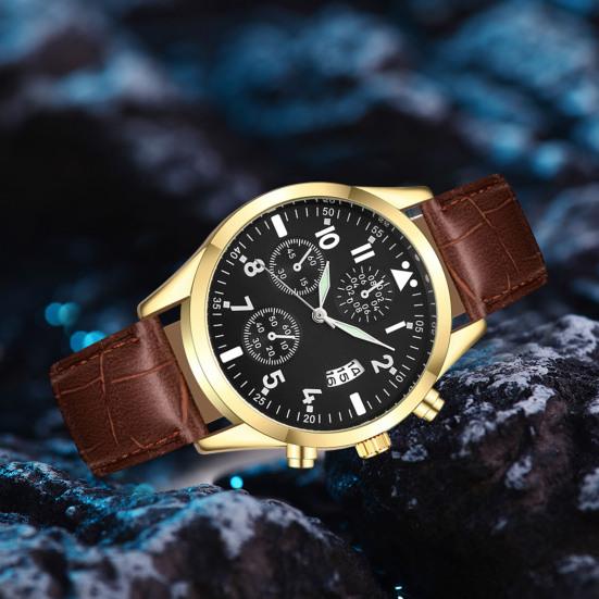 Men Luminous Watch with Faux Leather Strap Round Dial Calendar Casual Formal Watch Accurate Quartz Analog Wristwatch Birthday Gift