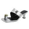 Square head metal buckle cover toe pinch high heel slippers women's summer wear 2025 new silver stiletto temperament one-word drag