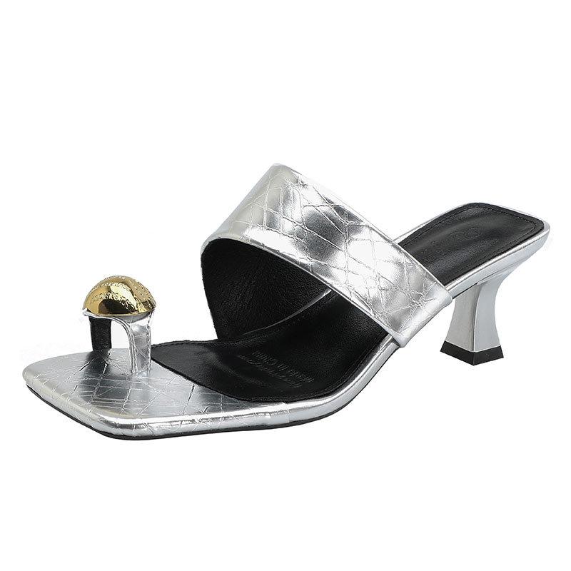 Square head metal buckle cover toe pinch high heel slippers women's summer wear 2025 new silver stiletto temperament one-word drag