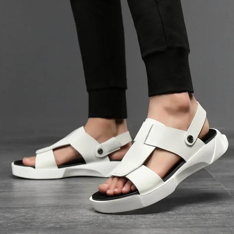 Sandalias de Hombre de Cuero Genuino Moda de Verano Plataforma Hueca Zapatillas Casuales Masculinas Ligeras Cómodas Zapatos de Hombre de Caña Alta