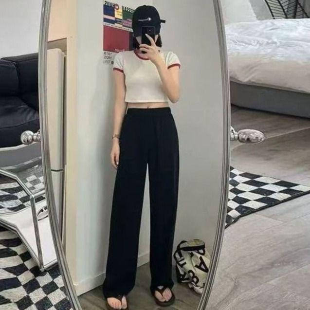 

Women s Summer High-Waisted Ice Silk Wide-Leg Pants - Loose, Lightweight, Casual Style S recommended [70 jin - 95 jin] fabric