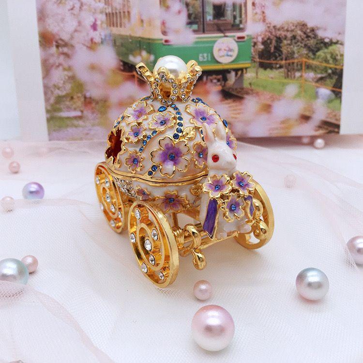 Rabbit Carriage Enamel Exquisite Jewelry Box Craft Alloy Jewelry Box Practical Birthday Gift Ornament for Girls
