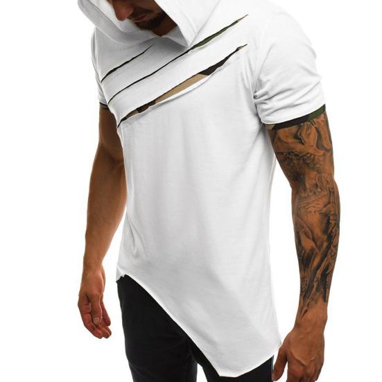 Men Causal Short Sleeve Ripped Irregular Hem Slim Blouse T-shirt Fitness Hoodie