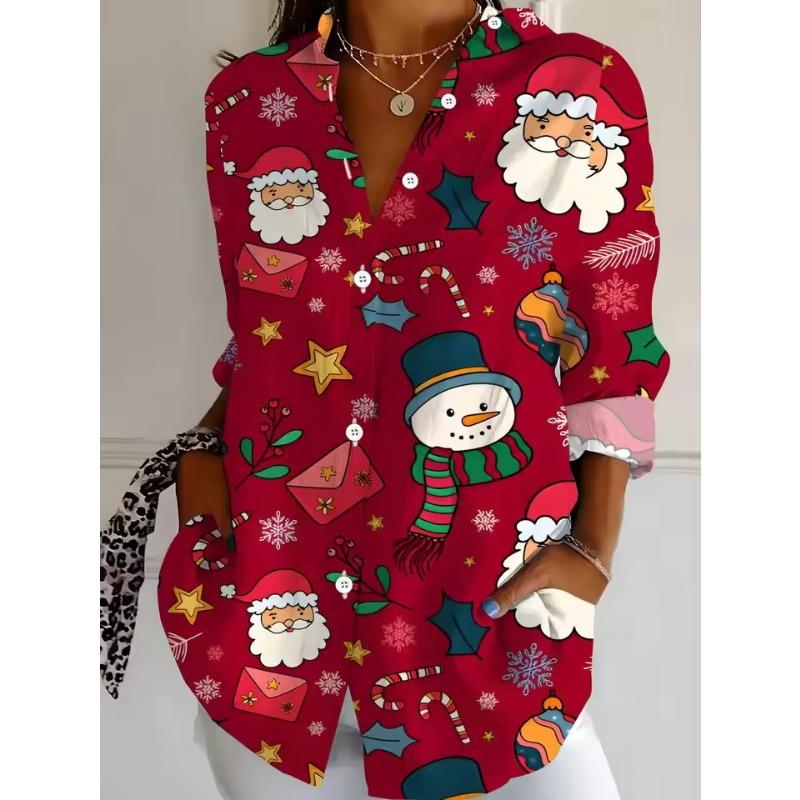 Christmas Women's Shirt Graphic Santa Claus Elegant Vintage Tropical Long Sleeve Shirt Collar Regular Tops Daily Holiday Winter