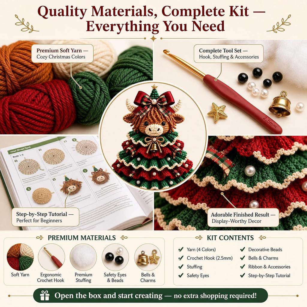 Crochet Christmas Tree Ornament DIY Set with Yarn Beads Hook Stuffing - Handmade 3D Reindeer Holiday Decor for Table Mantel Shelf Festive Xmas