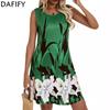 Women's Fashion Summer Spring Flower Pattern Print Sleeveless O-Neck Loose Waistline Casual Dresses