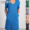 DICFY Vestiti Casual da Donna Moda Estate Primavera Colore Unico Stampa Scollo a V Manica Corta
