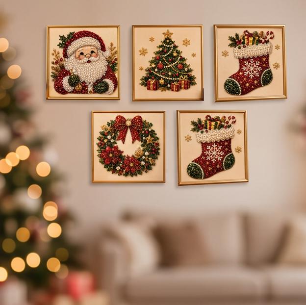 Christmas Pearl Diamond Painting Kit with Pre-Framed Canvas,  DIY Round Gemstone Beads Art Craft Set for Adults Beginners, Holiday Home Decor Wall Ar