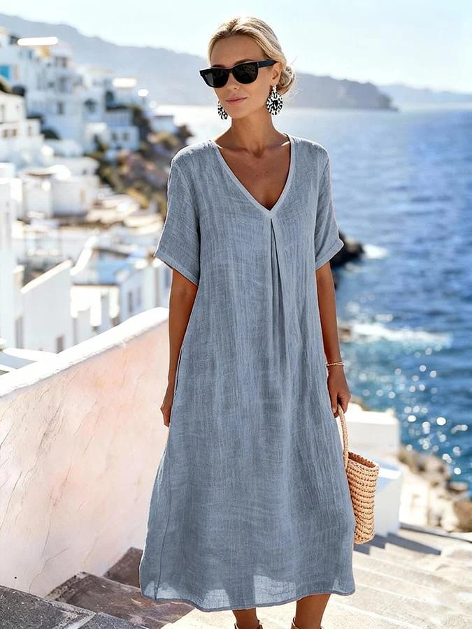 New casual spring and summer loose long dress short-sleeved V-neck solid color cotton and linen dress