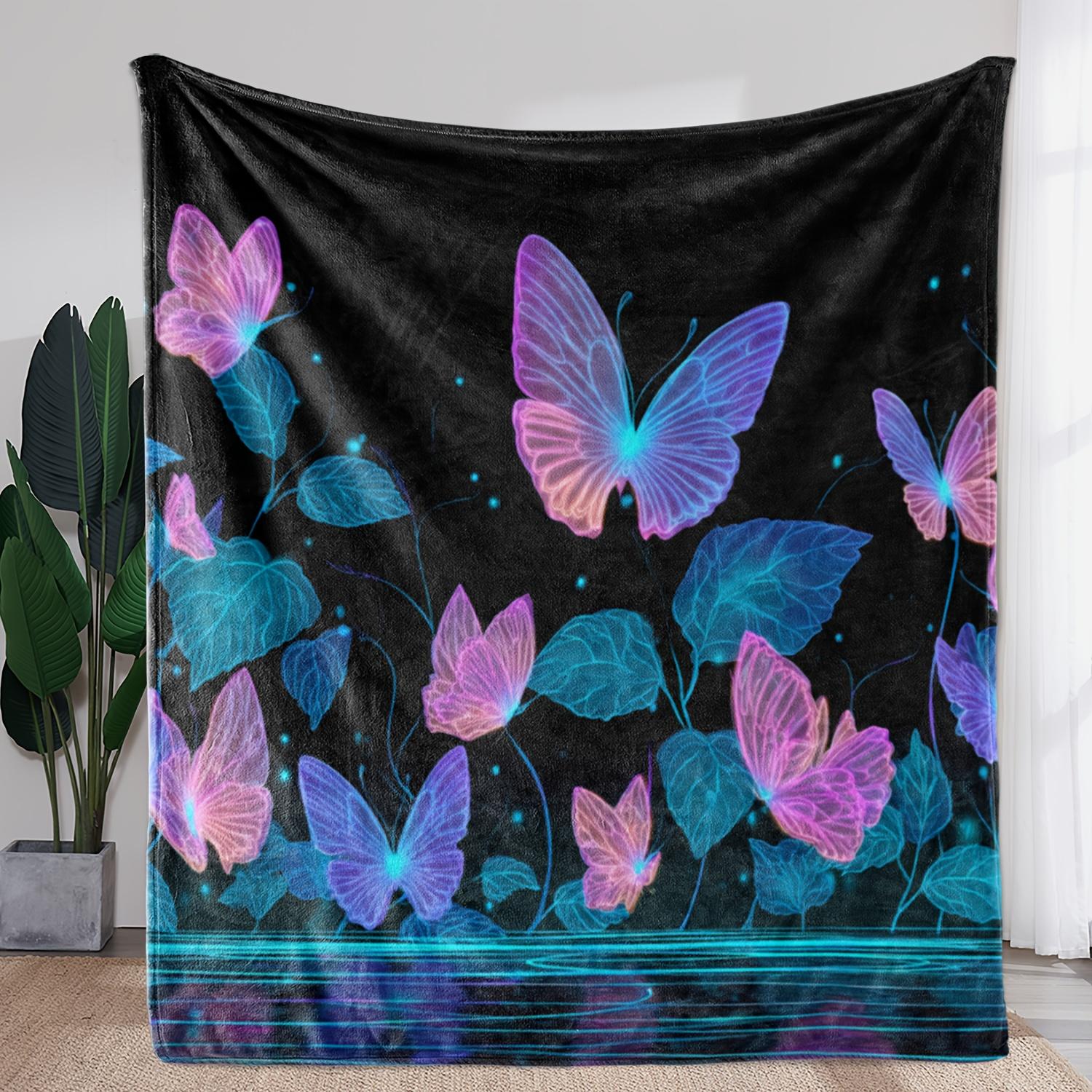 

1pc Zeal Lily Vintage Glowing Neon Glow-in-the-Dark Butterfly & Leaf Print Flannel Throw Blanket - Soft Cozy All-Season Bedsprea 75x90cm