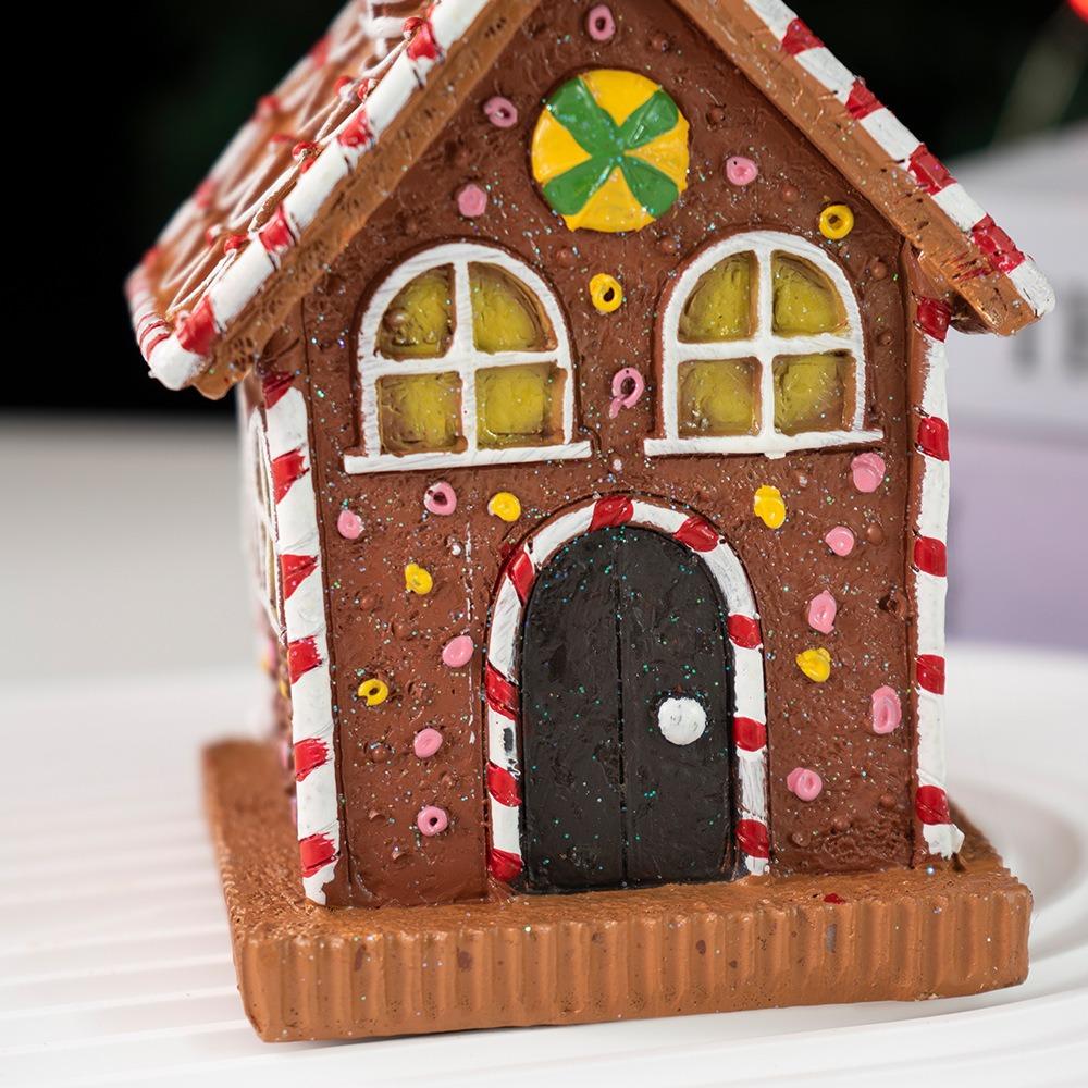 Luminous Gingerbread House Ornament Resin Collectible Christmas Village Cottage Statue LED Light Gingerbread House Figurines