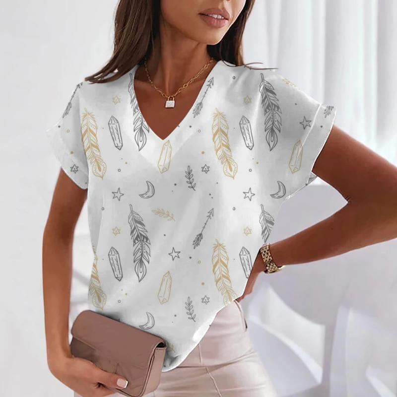 Summer Short Sleeve T-Shirt Feather Pattern 3D Women's Tops V Neck Women's Plus Size Women's Fashion Y2k Street Trend Clothing