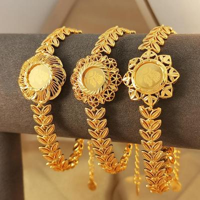 Nuovo Bracciale a Fiore e Foglia Intagliato Stile Cinese - Oro Sabbia, Lussuoso e Durevole per Donne