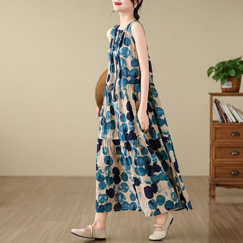 Real Summer New Literary and Retro Loose Printing Cotton and Linen Stand-up Collar Sleeveless Dress Women's Long Dress