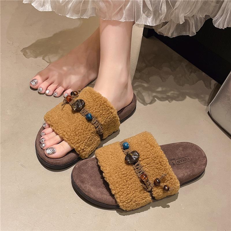 Niche Design Thick-bottomed Cotton Slippers Women's Outer Wear 2025 Autumn and Winter New Retro French Woven Plush Mop