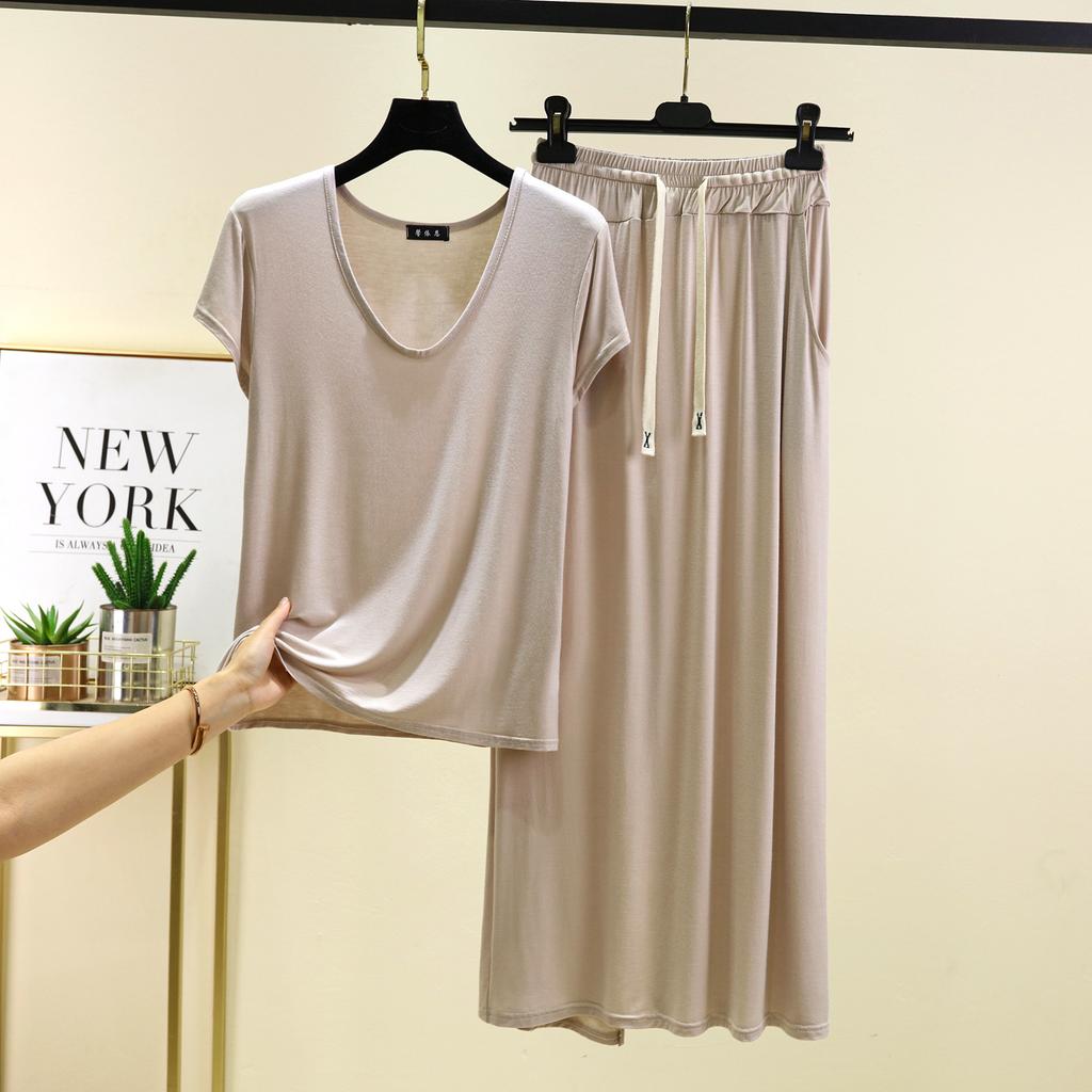 Modal homewear 2pcs suit U-Neck short sleeve Tshirts and Long skirt Plus size Loose fashion dress sets Women's matching set