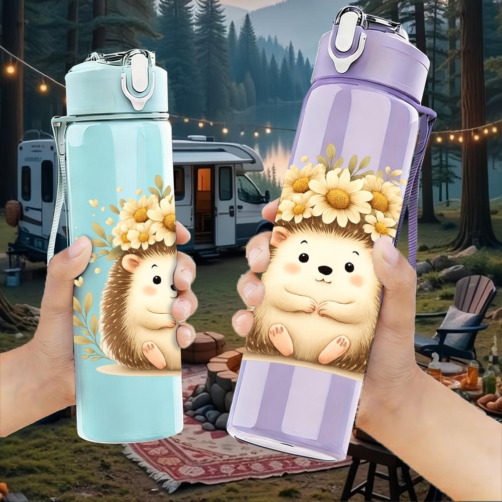 1PC Sunflower Hedgehog Cartoon 750ml Color Plastic Sports Water Bottle Leakproof Flip Straw Lid Suitable for Sports Office Home Use