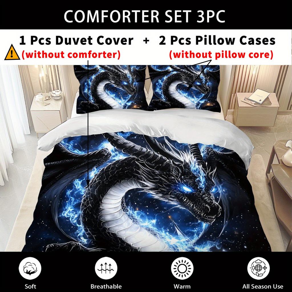 Latacaca 2/3-teiliges Schwarzer Drache Kosmisch Bettbezug-Set, Knitter- und Ausbleichbeständig Maschinenwaschbare Bettwäsche mit Kissenbezügen