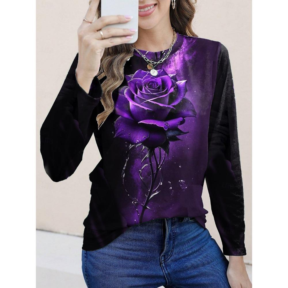 Dames Sweatshirt 3D Print Etnisch Bloemen Grafisch Dagelijkse Mode Casual Lange Mouw T-Shirts Ronde Hals Zwart Lente Herfst Tops