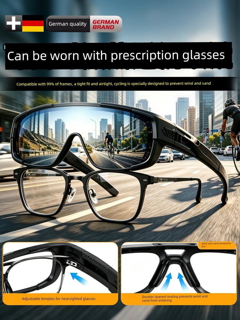 German Cycling Glasses, Myopia Protective Goggles, Windproof Goggles, Can Be Worn over Prescription Glasses, for Women, Day and Night Use, for
