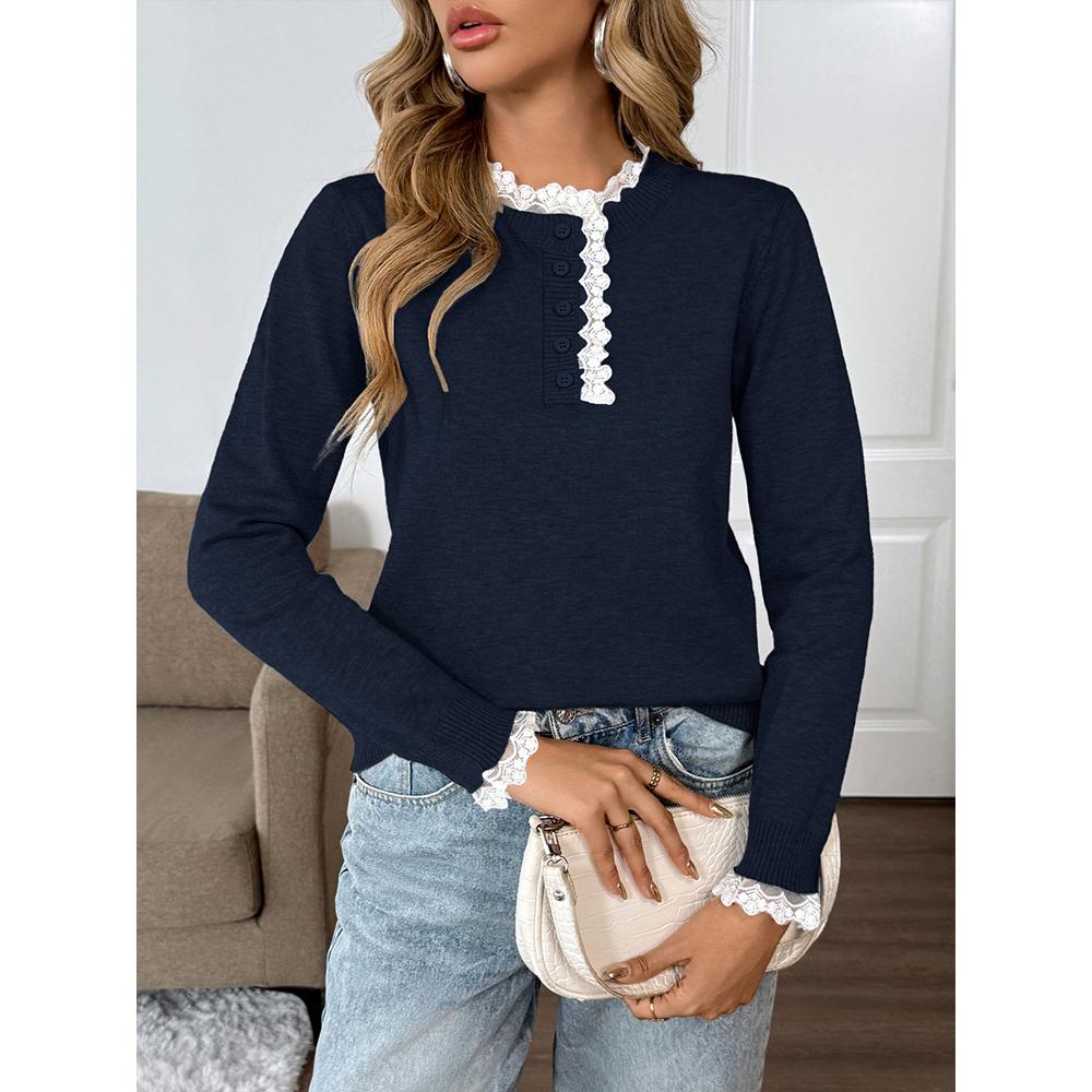 Women's Fall Long Sleeve Sweaters Lace Trim Mock Neck Cozy Trendy Knit Pullover Tops