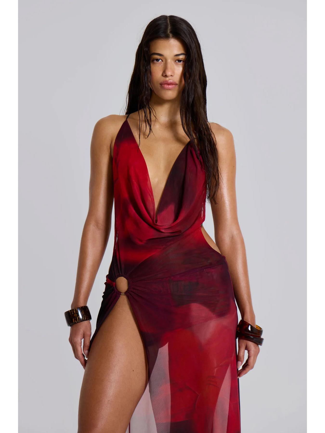 

Летнее платье 2026 года в европейском и американском стиле с французским принтом, на бретельках, с открытой спиной, подчеркивающее талию Large красный