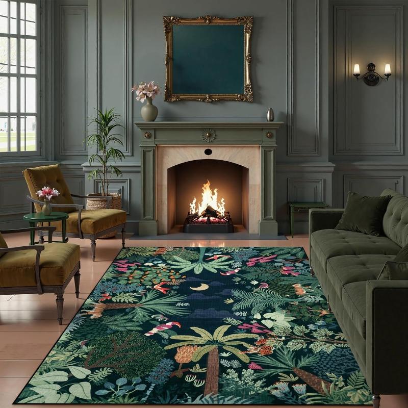 Jungle Themed Carpet Plant Print Rugs Living Room Non-Slip Home Decor Mat for Living Room Bedroom and Entryway Doormats