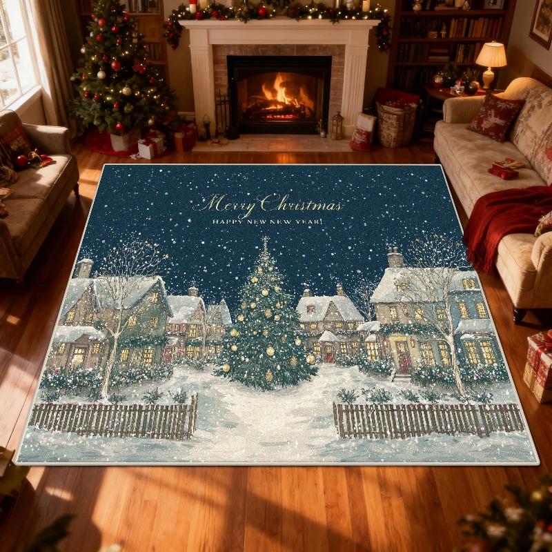 Fröhliche Weihnachtsnacht Teppich Teppich Verschneites Dorf Baum Heimdekoration Matte Festlich Traditionell Weihnachten Wohnzimmer Dekorative Szene
