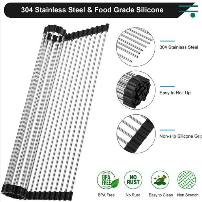 Dish Drying Rack - YYV - Rollable - Stainless Steel - Silicone - 47x38 Cm - Black