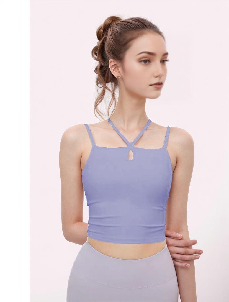 

Женский танктоп для йоги в корейском стиле, двойные бретели-спагетти, эластичный, ударопрочный, с закрытыми подмышками, с нагрудными вкладышами, одежда для спорта и фитнеса Small светло-фиолетовый
