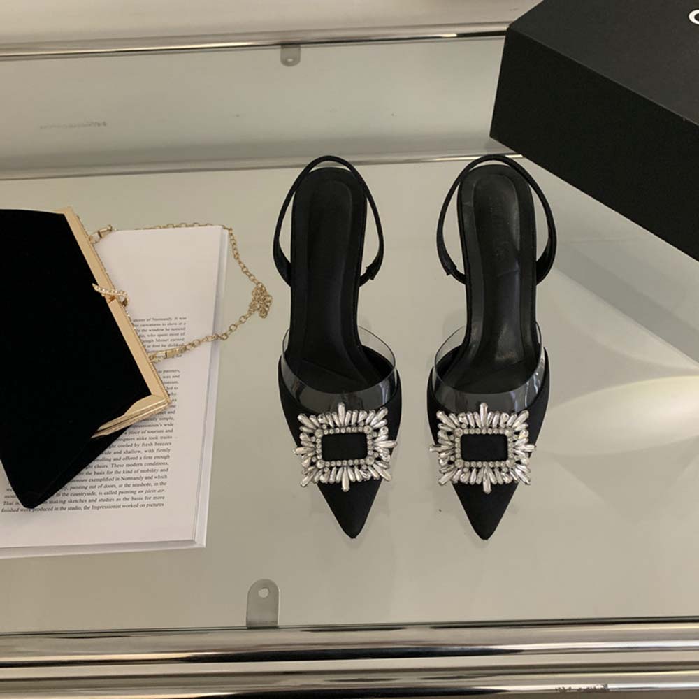 

Мода Черный Бежевый Серебряный Женские Босоножки Острый Носок Летние Туфли Тонкие Высокие Каблуки Стразы Пряжка Сзади Ремешок Слайды Свадьба 39 5.5 чёрный