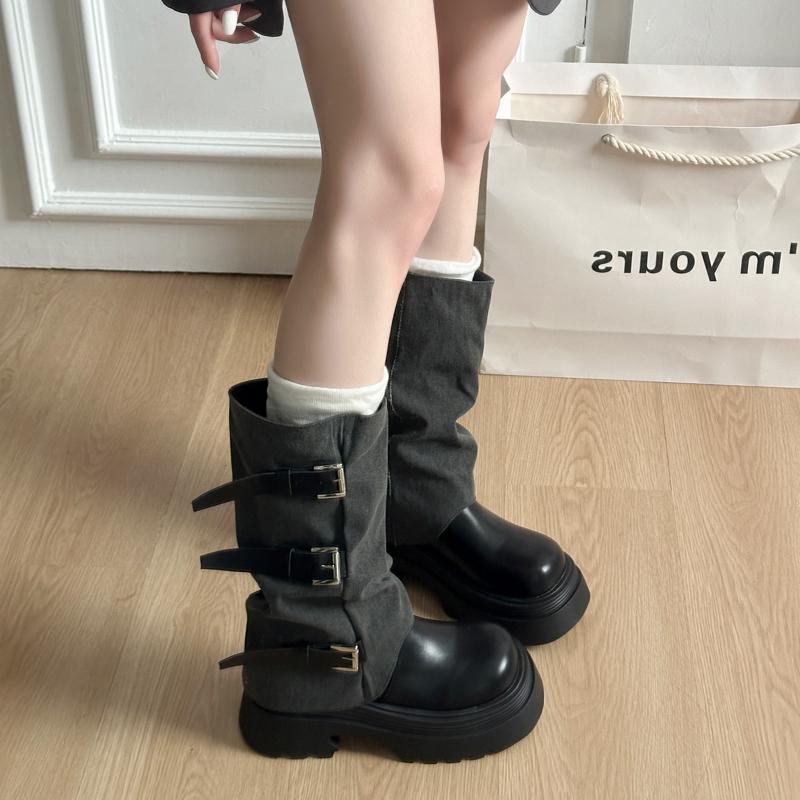 Fashion Winter Fashion Platform Heels Women Knight Boots Fashion Belt Buckle Slip On Shoes Ladies Elegant Mid Calf Booties