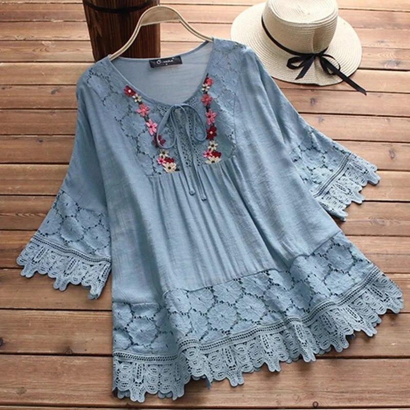 Letní bavlněná lněná prošívaná krajková halenka dámská výstřih do V volná bílá košile žena vyšívaná vintage zvonové rukávy topy 30659