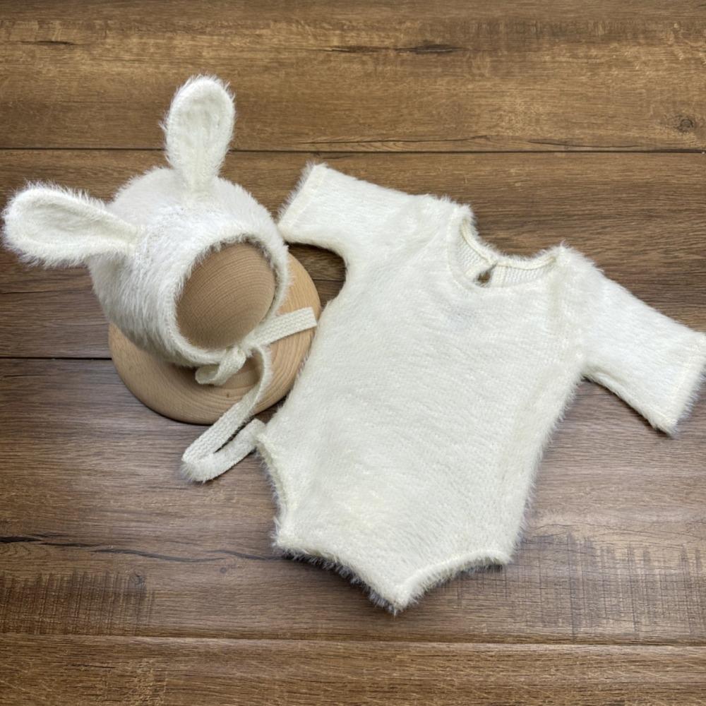 Soft Knitted Newborn Photography Props Adorable Rabbit Doll Prop Knitted Baby Outfit for Newborn