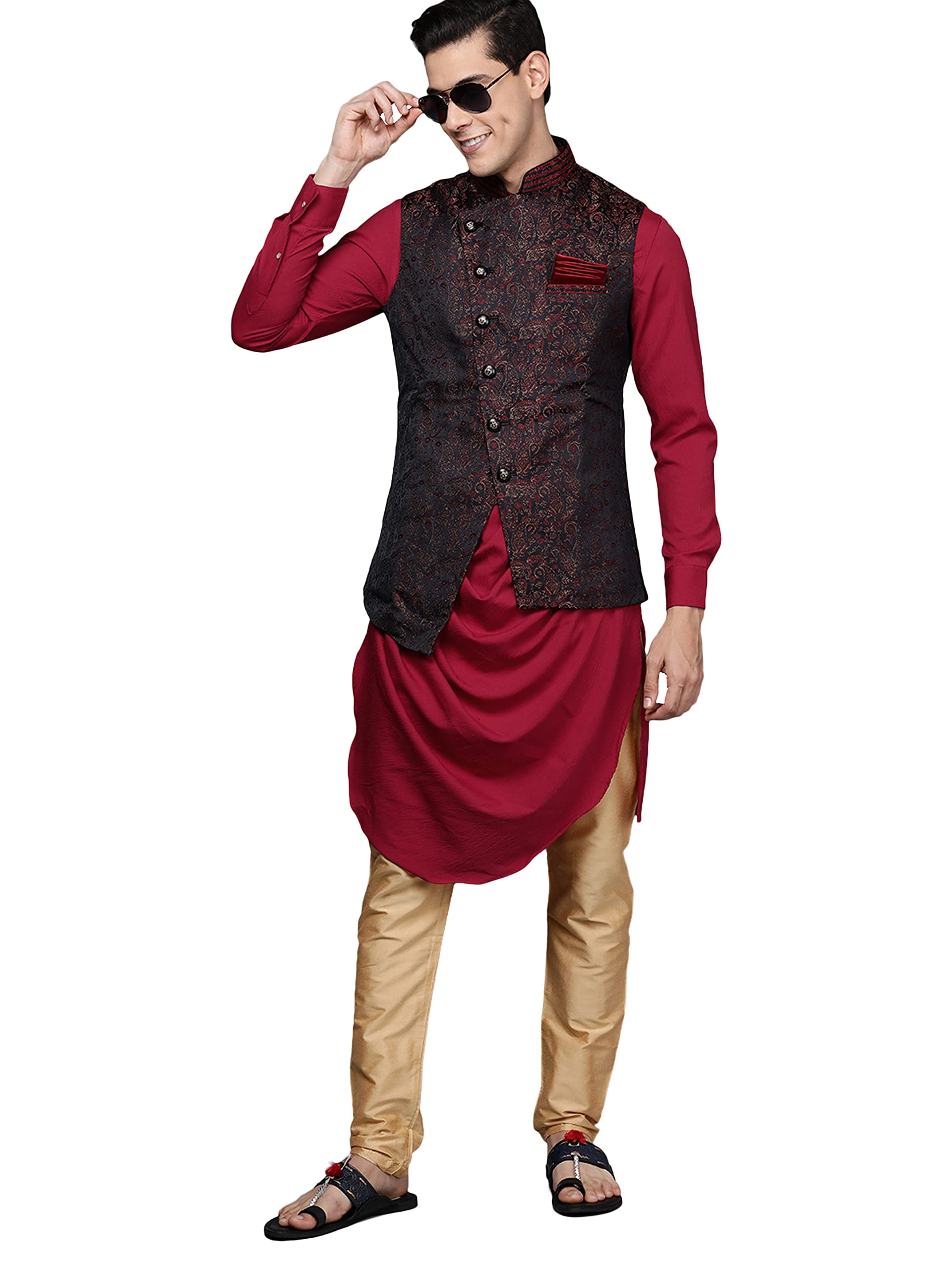 Manyavar Kurta Jacket Set for Men, Full Sleeves Mandarin Collar Ethnic Kurta Jacket Set for Festival, Wedding, Party Spa L красный