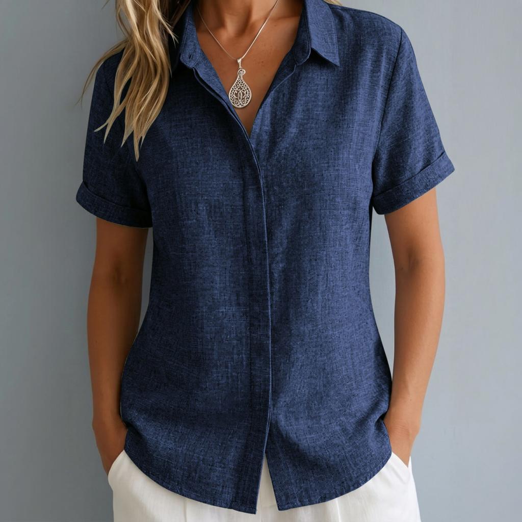 Women Short Sleeve Button Down Shirt Collared Casual Loose Fit Imitation Linen Blouse Lightweight Summer Top for Daily Wear