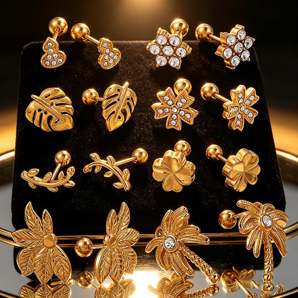 Fashion Sweet Wind Flower Coconut Tree Plant Stud Earrings Stainless Steel Gold Plated Diamond Piercing Earrings