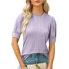 Women Button Puff Sleeve O Neck Breathable Solid Color Pullover T Shirt Blouse Top