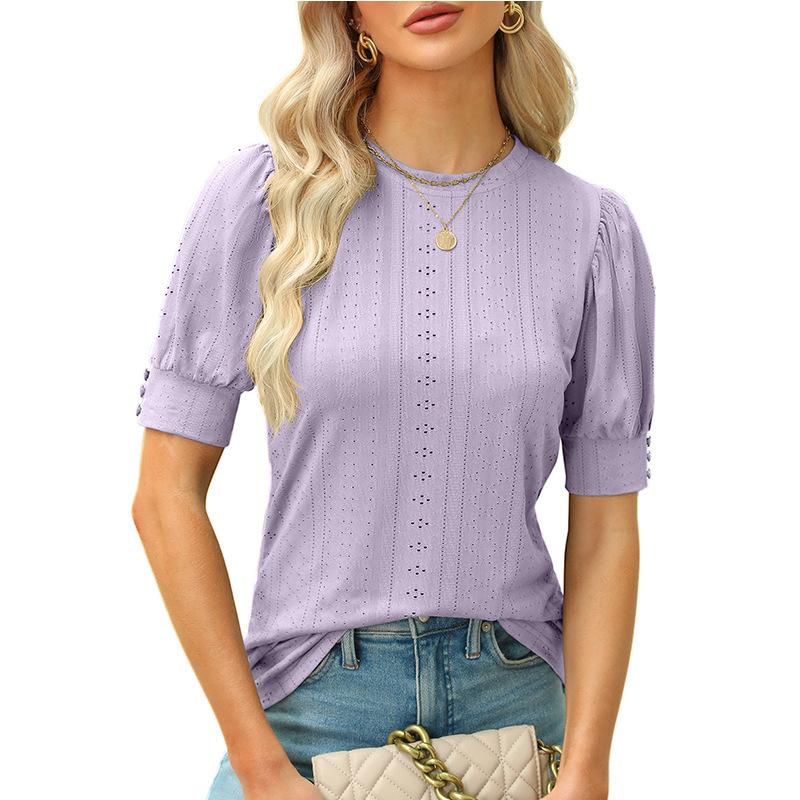 Women Button Puff Sleeve O Neck Breathable Solid Color Pullover T Shirt Blouse Top