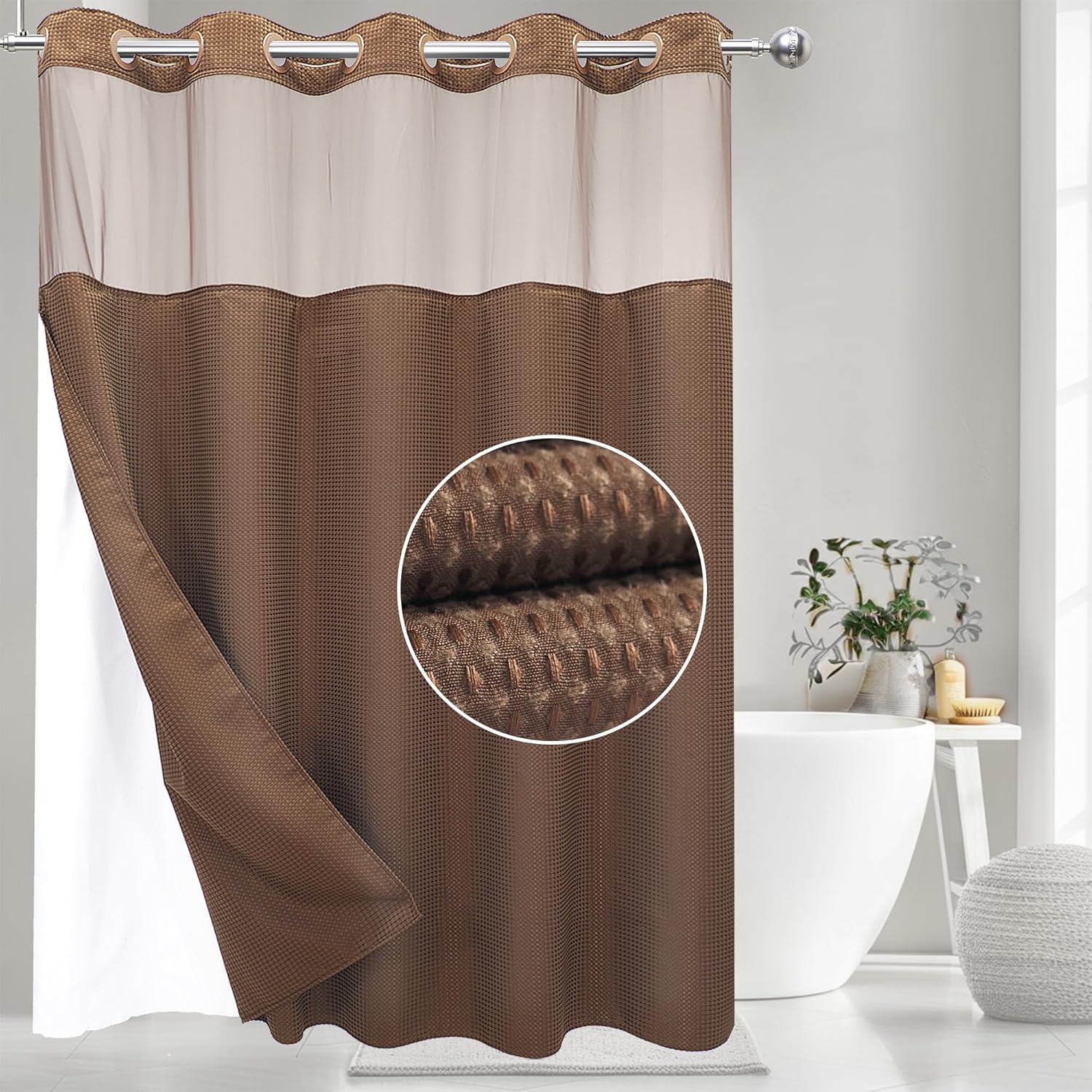 

Комплект шторки для душа без крючков со вставной тканевой подкладкой, вафельное переплетение 250 г/м², бежевая, гостиничного класса, шторка для ванны и душа - с прозрачным верхом 71 W x 74 L темный кофе
