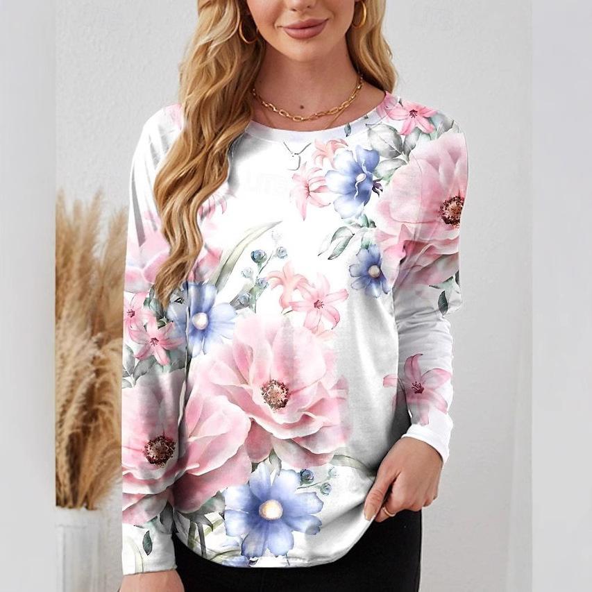 Elegant Demeanor 3D Flower Printed Casual Long Sleeved Women's T-shirts - Soft Medium Stretch Polyester Fabric Spring and Autumn Relaxed Fit Clothing