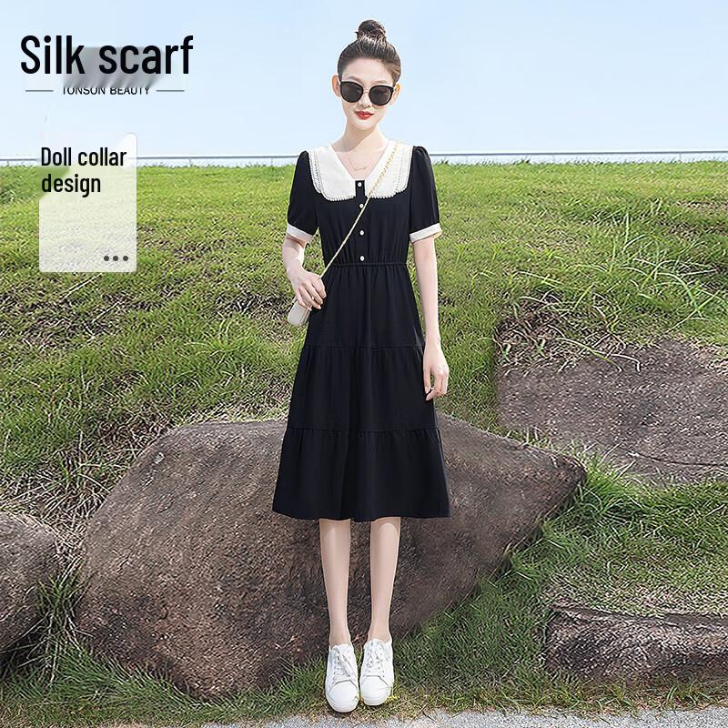 Women s Sweet Color-block Doll Collar Midi Dress M